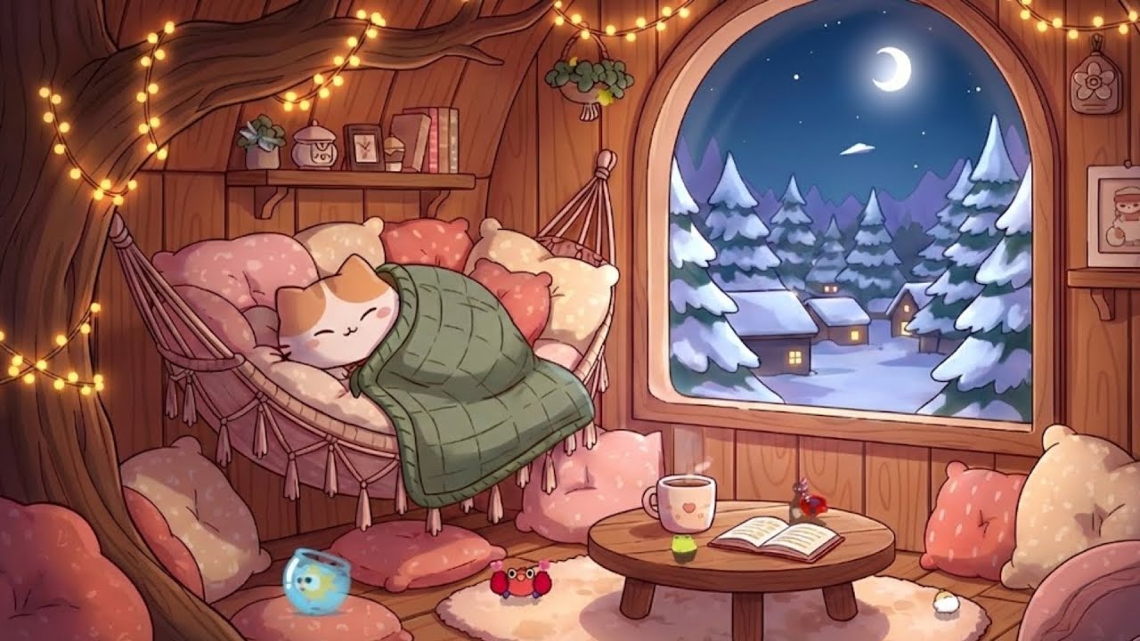 Sleeping in Treehouse Hammock Milky's Cat 🌙 Winter Lofi Ambience ❄️ Relaxing Music for Sleep & Relax