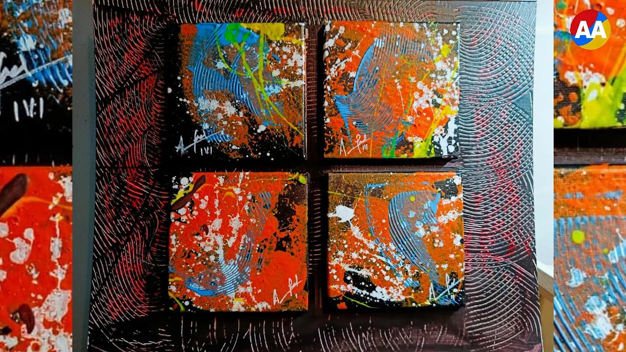 Abstract Art and Emotions: Intuitive Acrylic Painting | Orange and Blue Quad Panel | Alfred Abstract