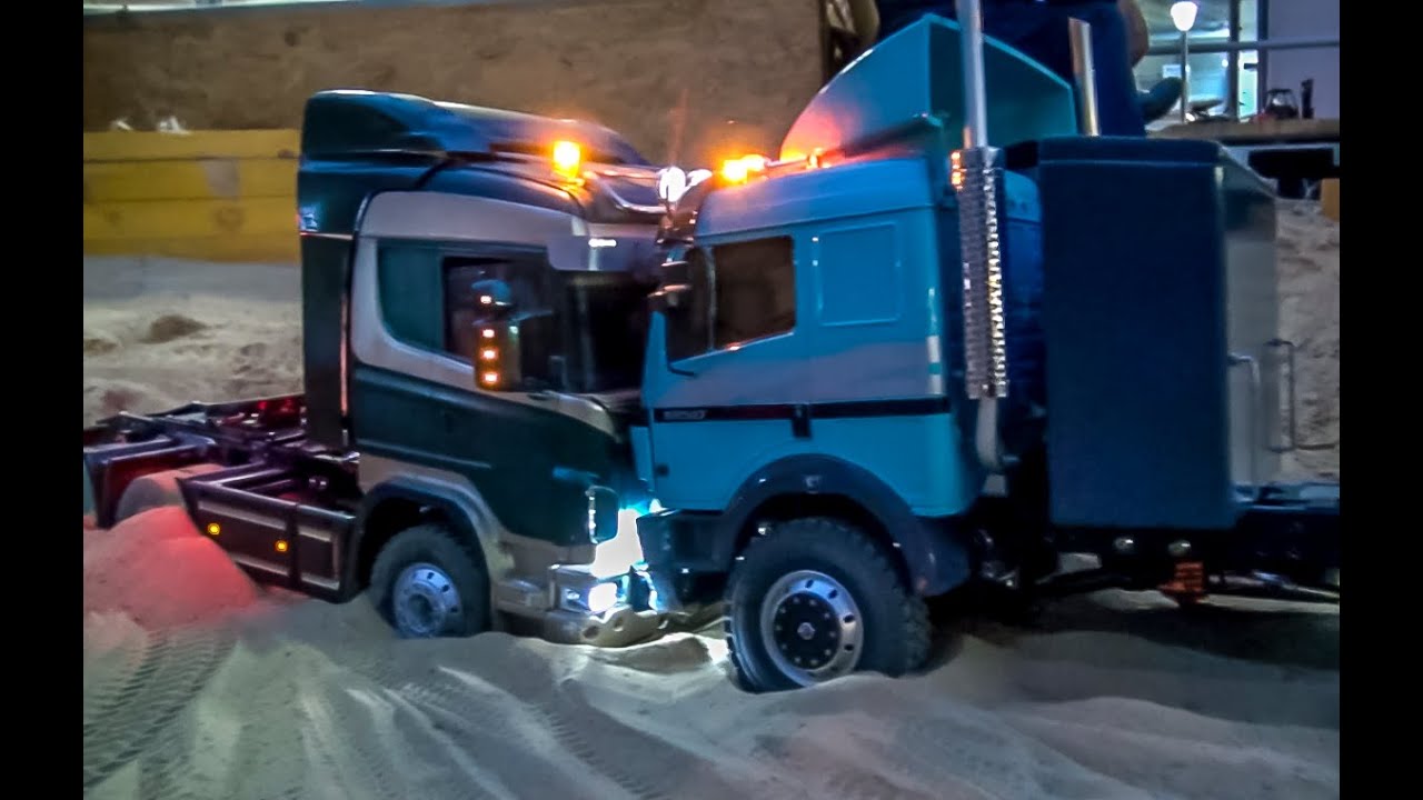 RC truck Scania got stuck!  Rescue ACTION with wheel loader!