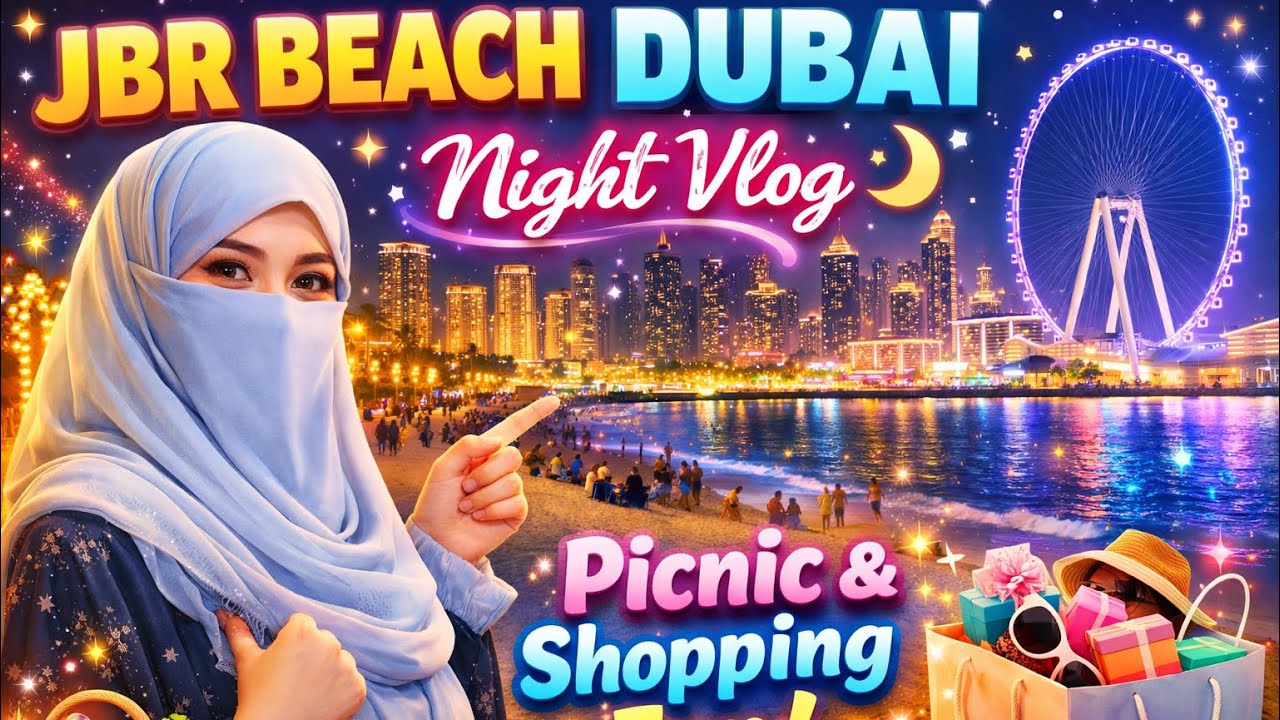 Dubai JBR Beach Night View 🌙 | Picnic at JBR Beach | Beautiful Lights & Shops Vlog