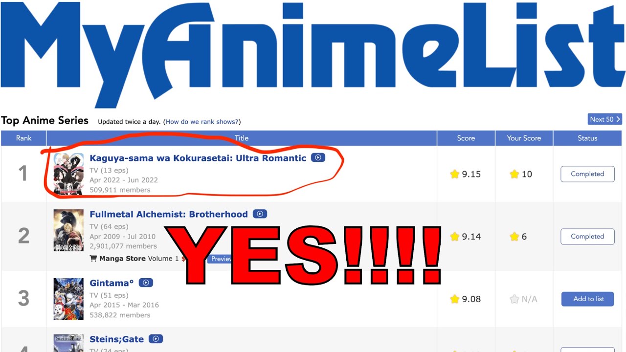Kaguya-sama Is Number 1 on MyAnimeList!