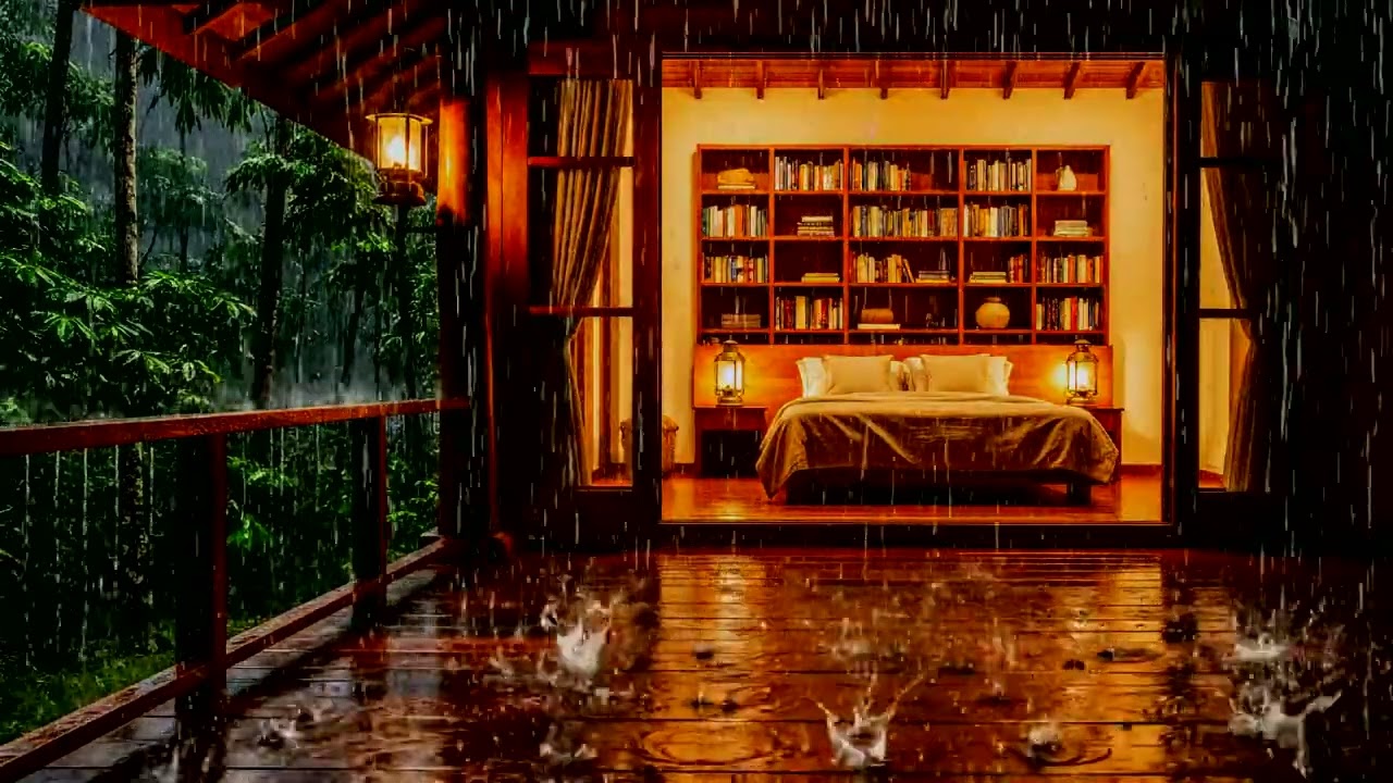 Heavy Rain on Cozy Jungle Cabin Deck 🌧️ Relaxing Rain Sounds for Sleep & Stress Relief