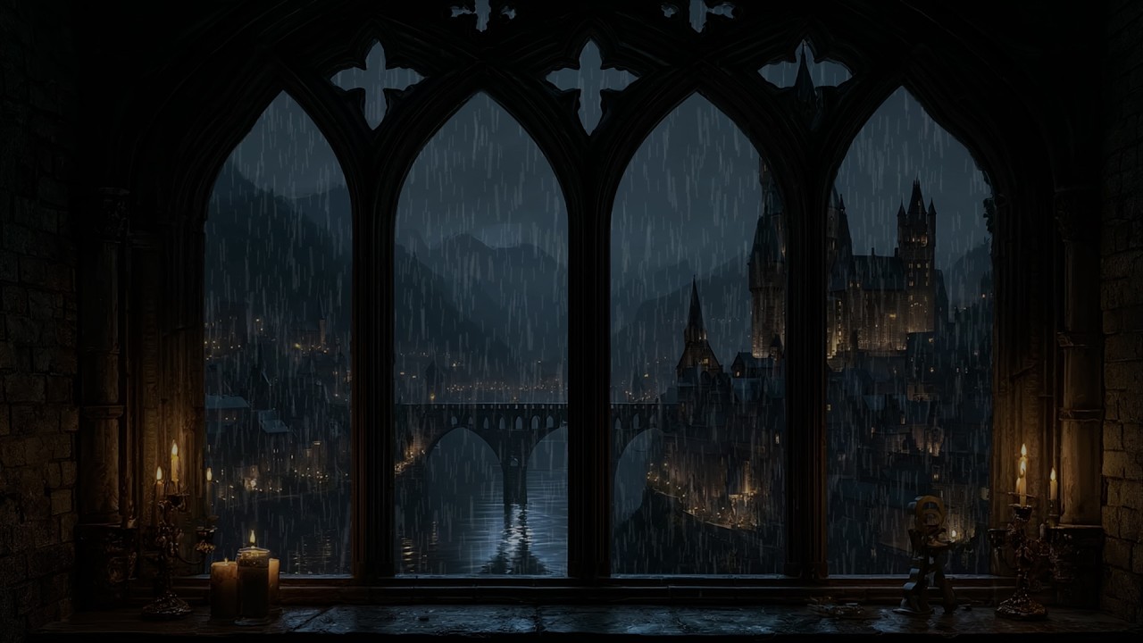 Rain at Castle Window ⛈️ | Calm Ambience for Deep Sleep, Focus and Meditation