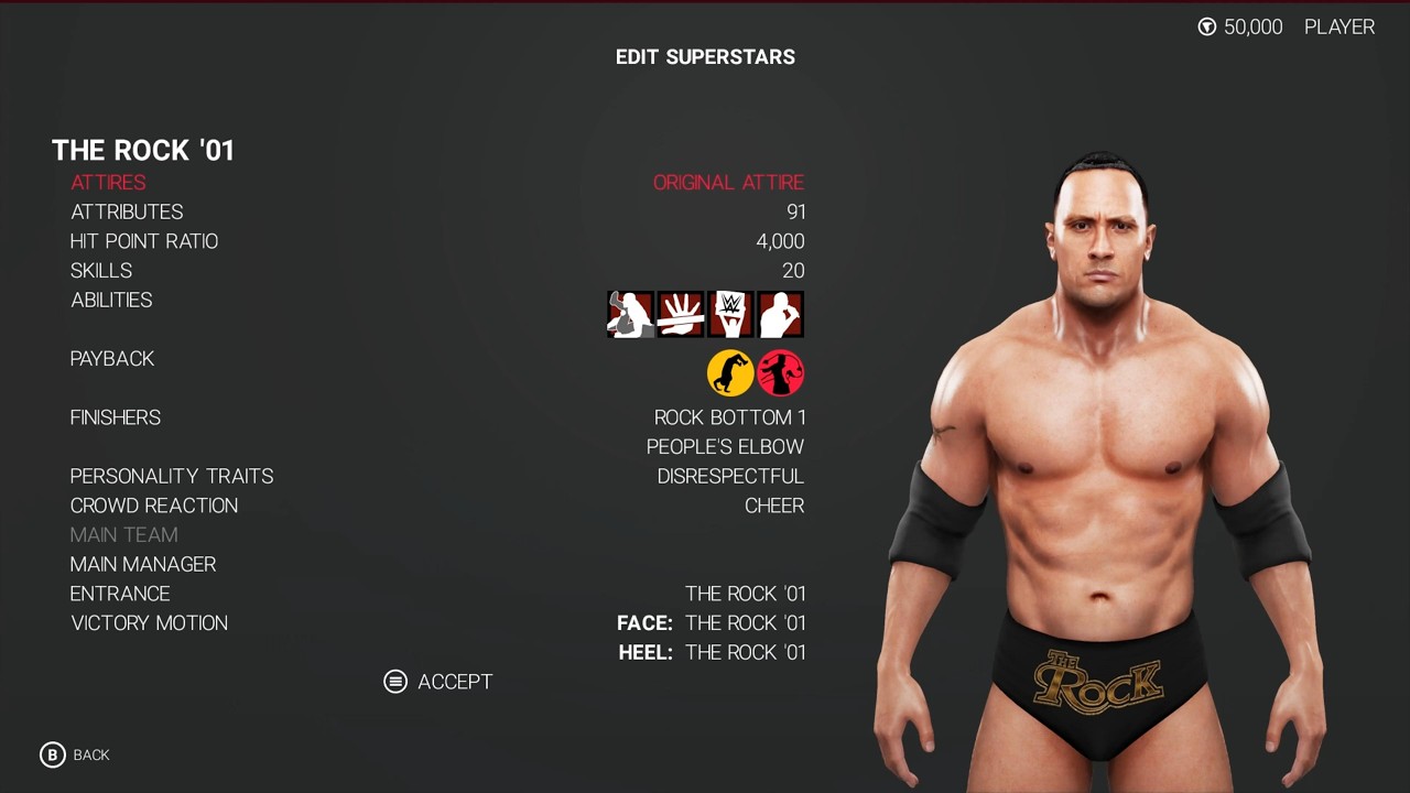 WWE 2K19 The Rock '01 Stats & Attributes