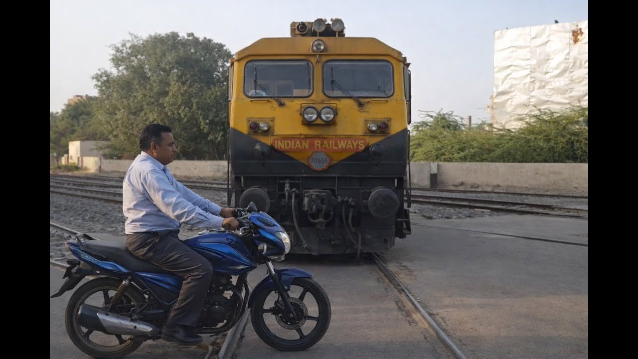 NEAR MISS !!! BIKERS AT BIKANER UNMANNED RAILWAY CROSSING - RANI BAZAR - ACCIDENT AVERTED
