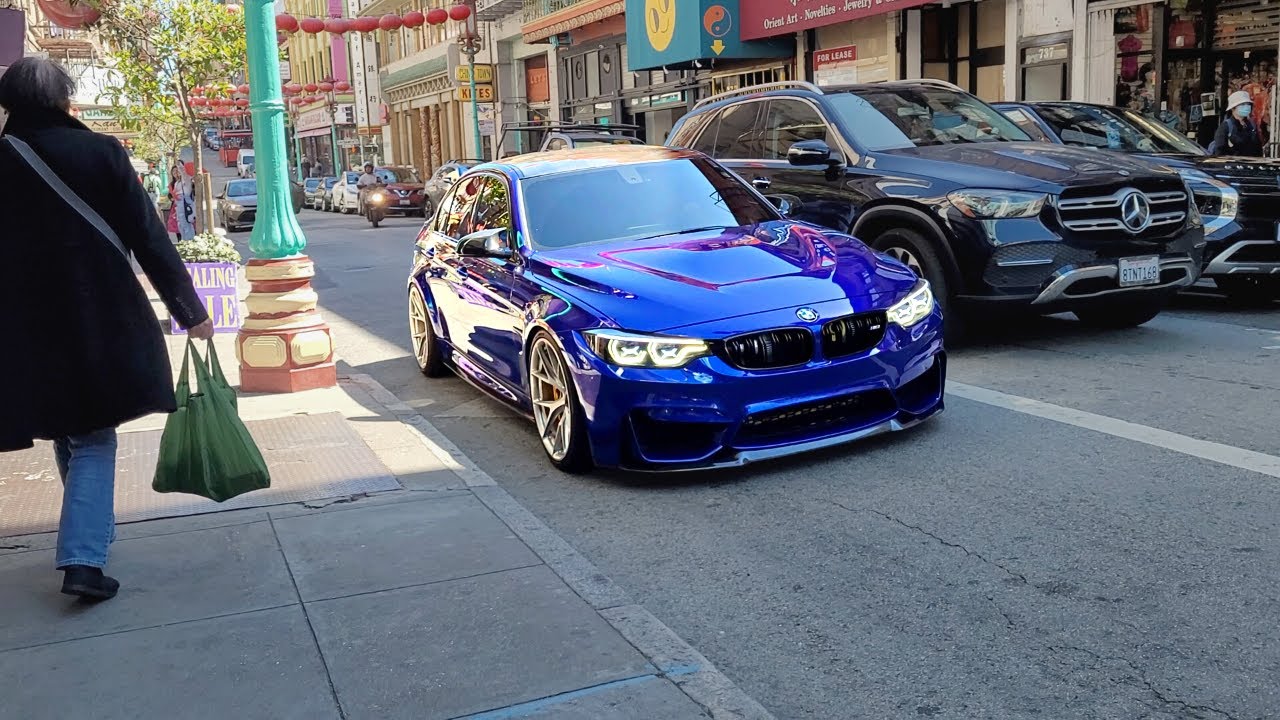 driving a Beautiful San Marino F80 M3 thru busy downtown San Francisco Chinatown pedestrian traffic
