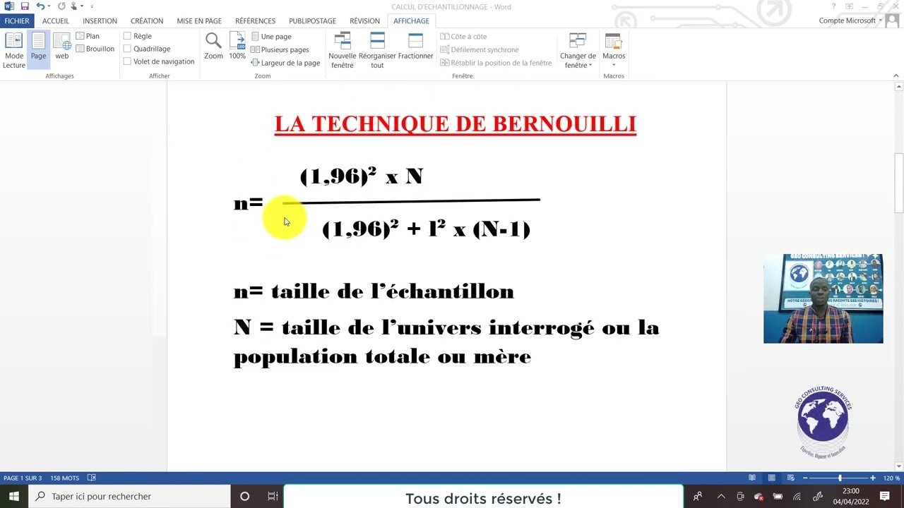 Calcul d'échantillonnage avec la Géo Consulting Services