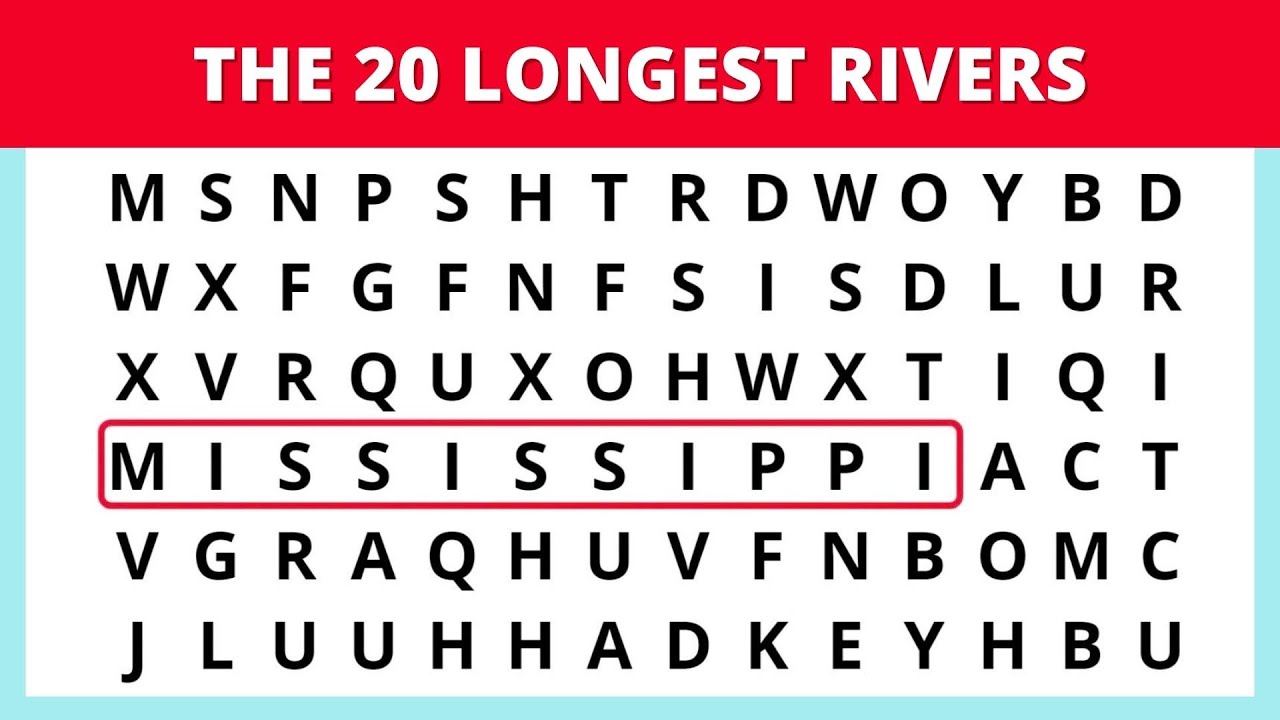Find Top 20 Longest Rivers Names | Words Game | Word Search Game | Word Search Puzzles