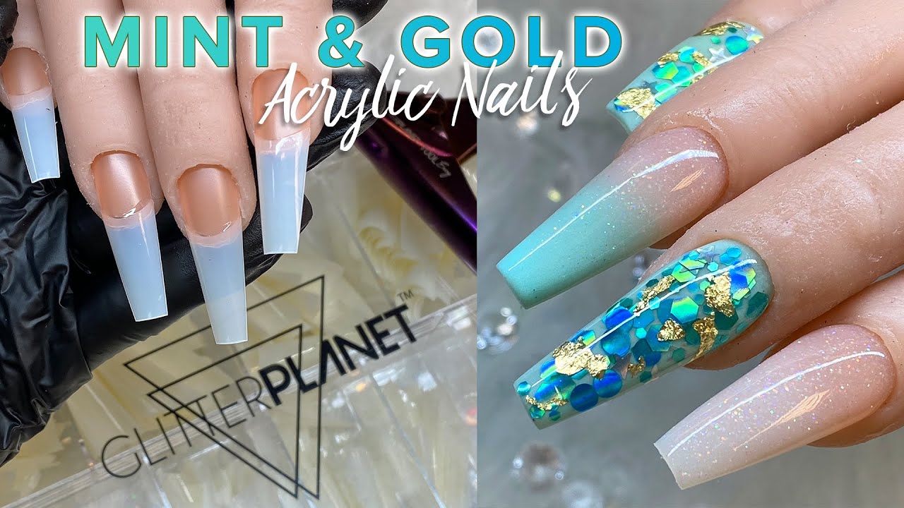 Teal Mint & Gold Leaf Coffin Acrylic Nails | Glitter Planet #nails