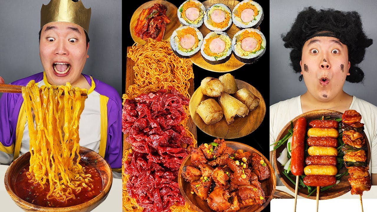 Mukbang ASMR | острая свиная грудинка, огненная лапша, хрустящая жареная пища, шашлык из колбасы