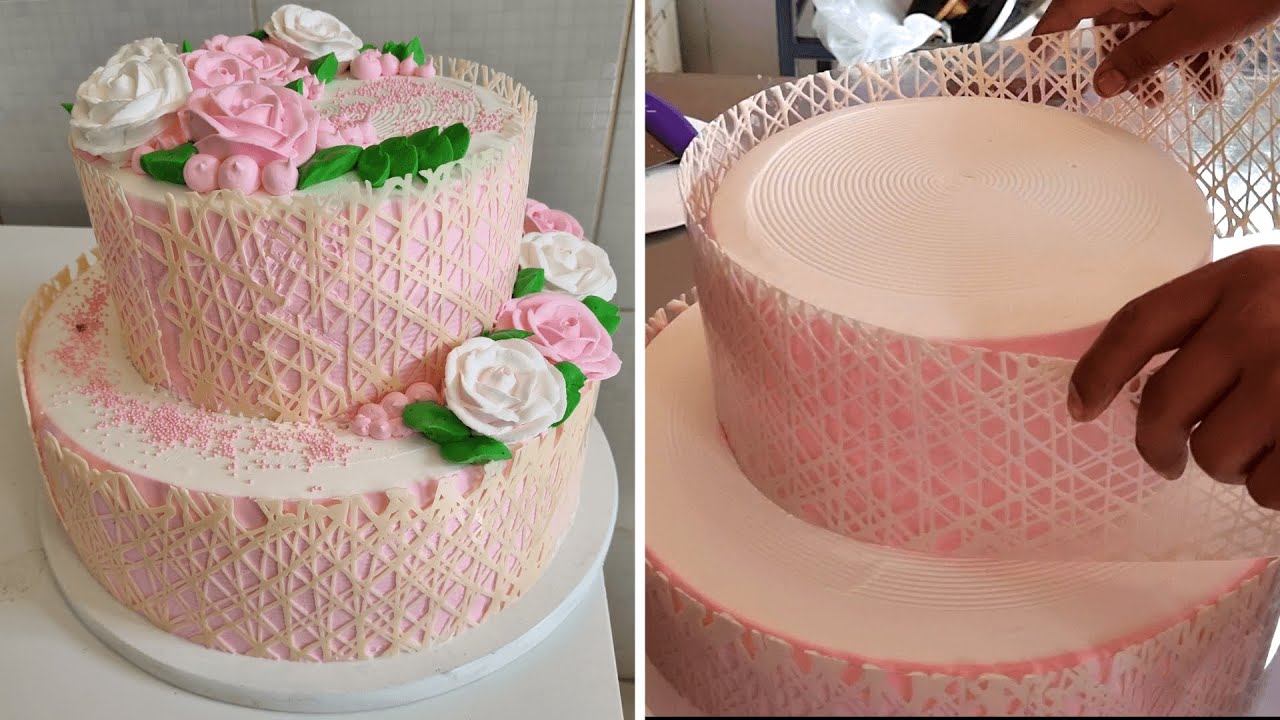 Pastel enrejado de dos pisos | Decoración de pastel con enrejado de chocolate blanco