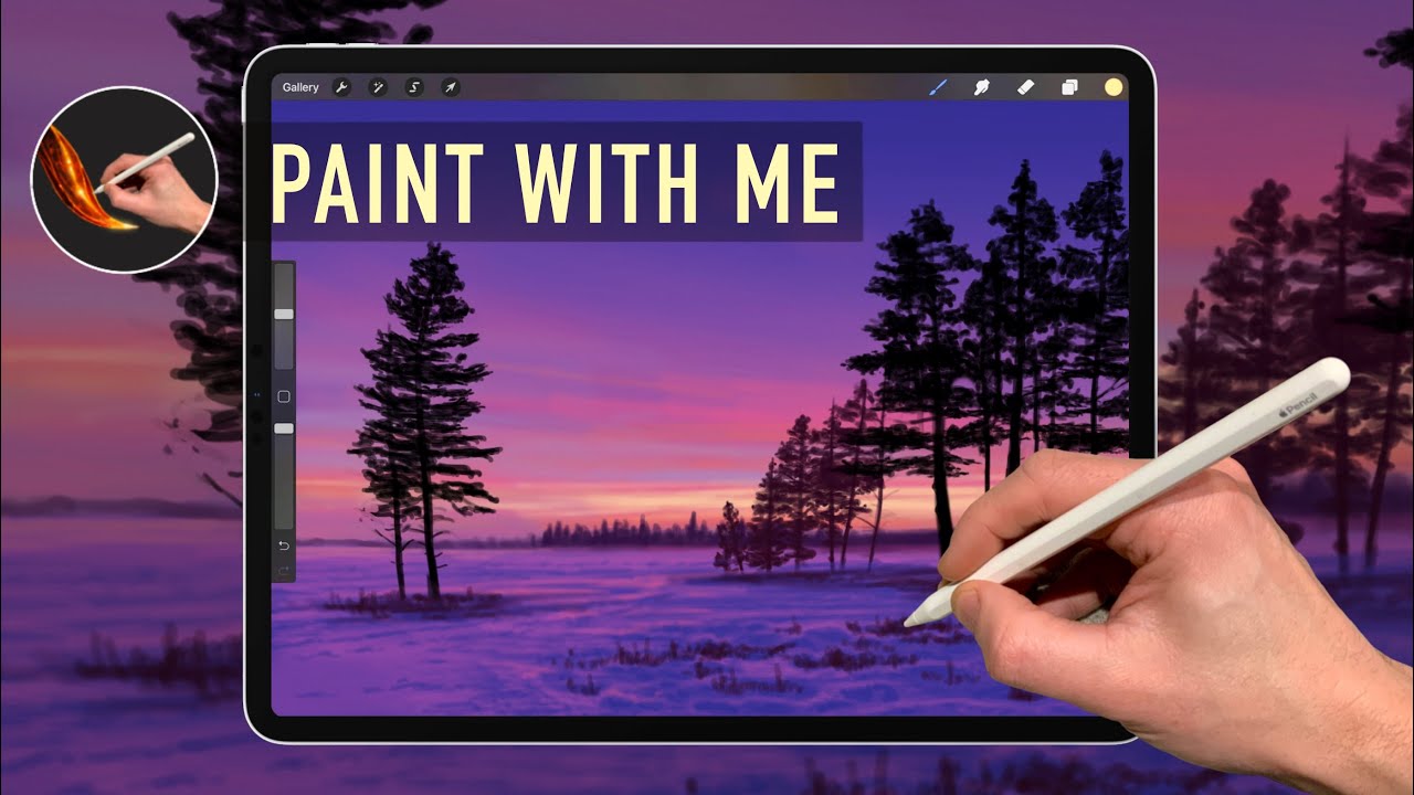 IPAD PAINTING TUTORIAL - Winter Snow Pine Tree sunset art in Procreate