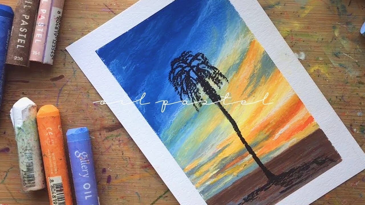 오일파스텔 풍경화, 노을과 야자수 풍경 그림그리기 sunset beach landscape with oil pastel drawing
