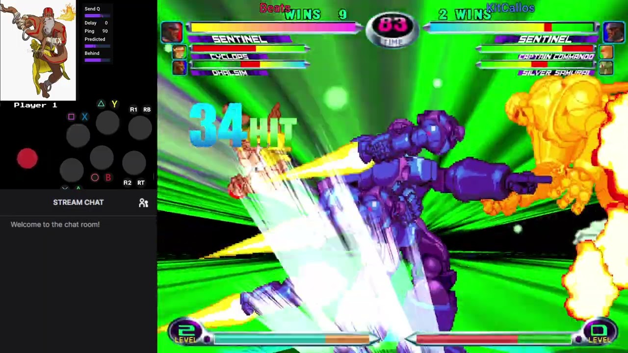 MvC2 Dhalsim / Sentinel 70% vs Sent crossunder FSD Inferno xx HSF tag to unfly infinite blast combo