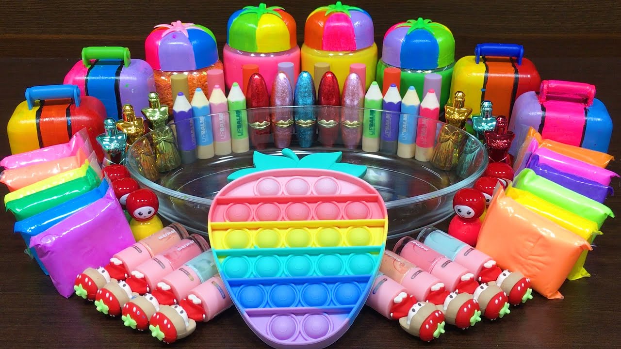RAINBOW STRAWBERRY Slime ! Mixing Random into GLOSSY Slime ! Relaxing Satisfying Slime #1396