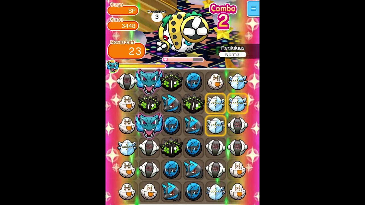 Pokémon Shuffle Mobile - Regigigas Clear (+5 moves, Disruption Delay, and Mega Start only)