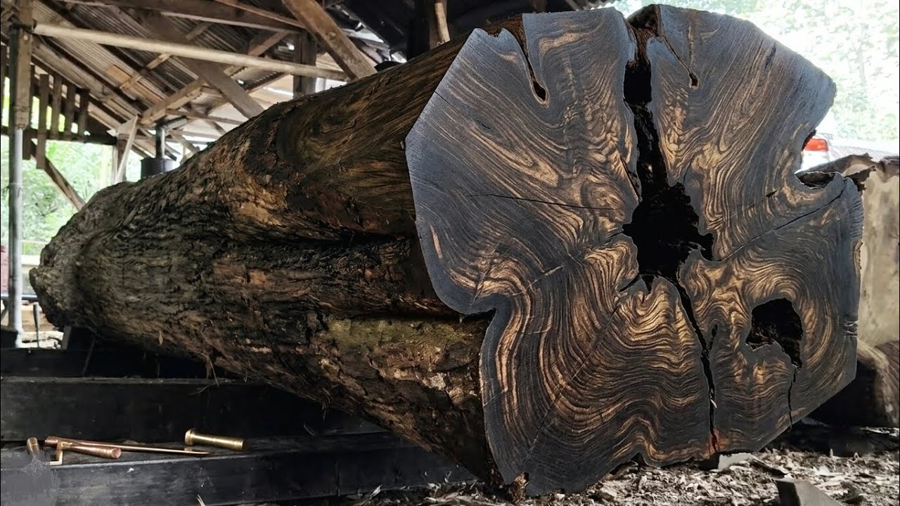 Splitting black teak wood full of beautiful grain into thick, expensive boards
