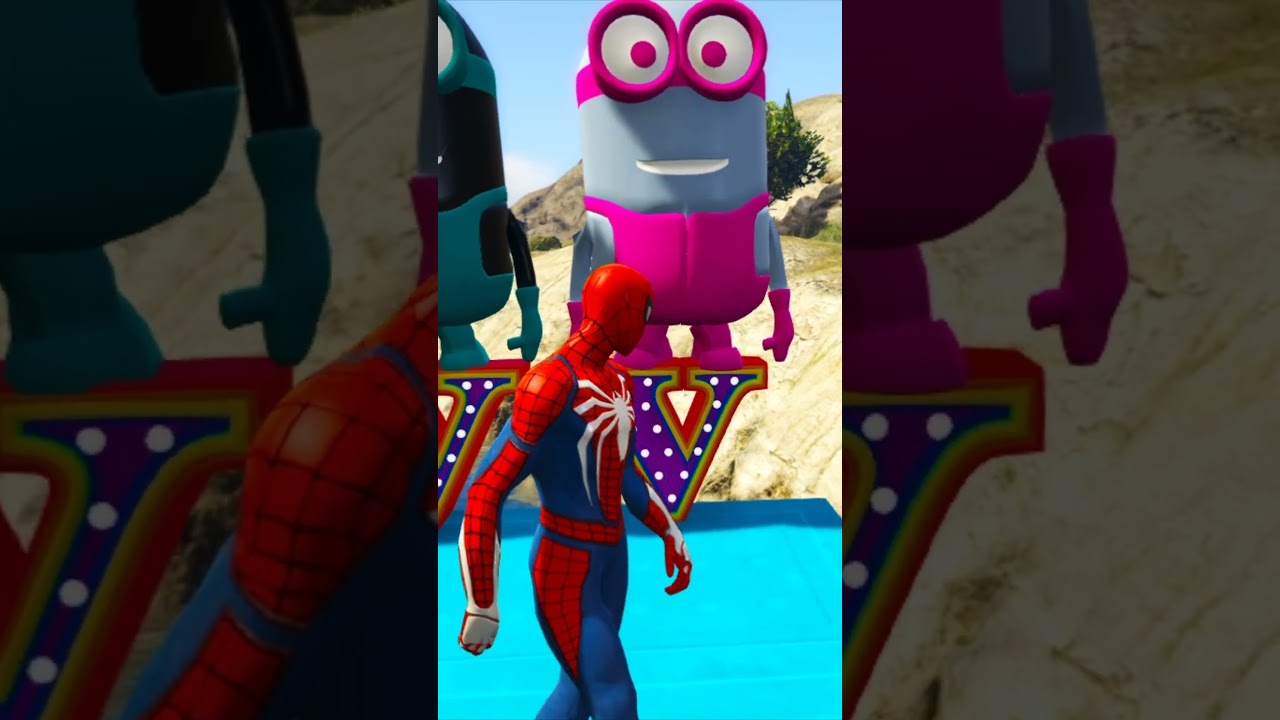 GTA 5 RED SPIDERMAN vs BLUE & GREEN MINION Moments!  #epicbattle #gta #funnygta5 #rainbowfriends #04