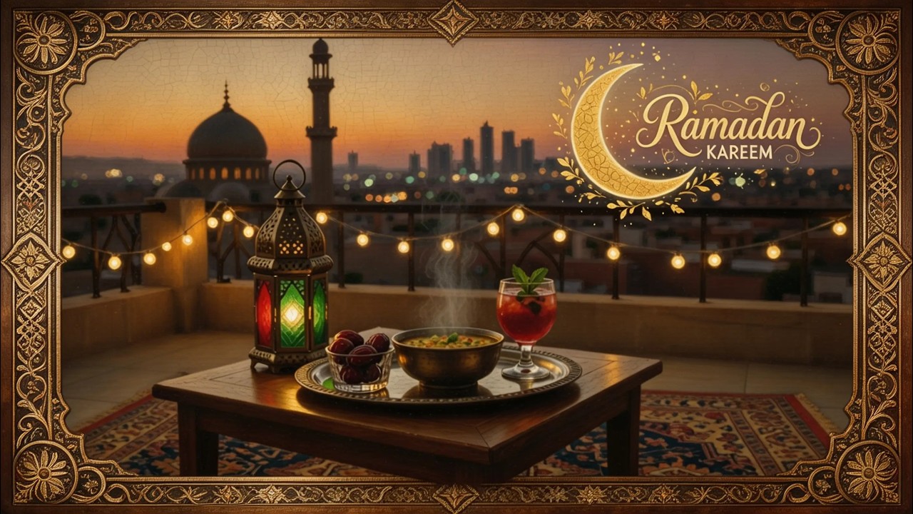 Ramadan Sunset Iftar Peaceful Rooftop Ambience Elegant TV Frame for you TV