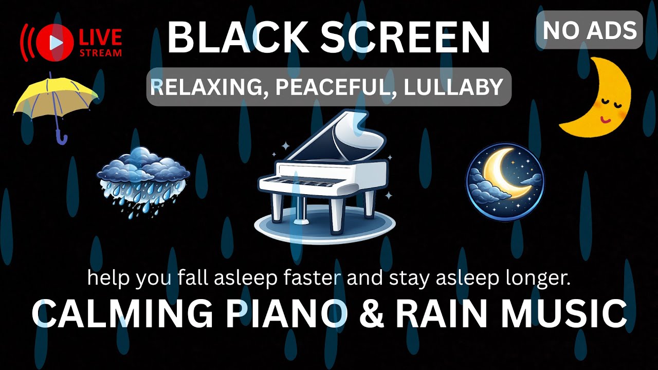 Calming Piano with Rain Music for Sleep | 6 Hours Black Screen | No Ads