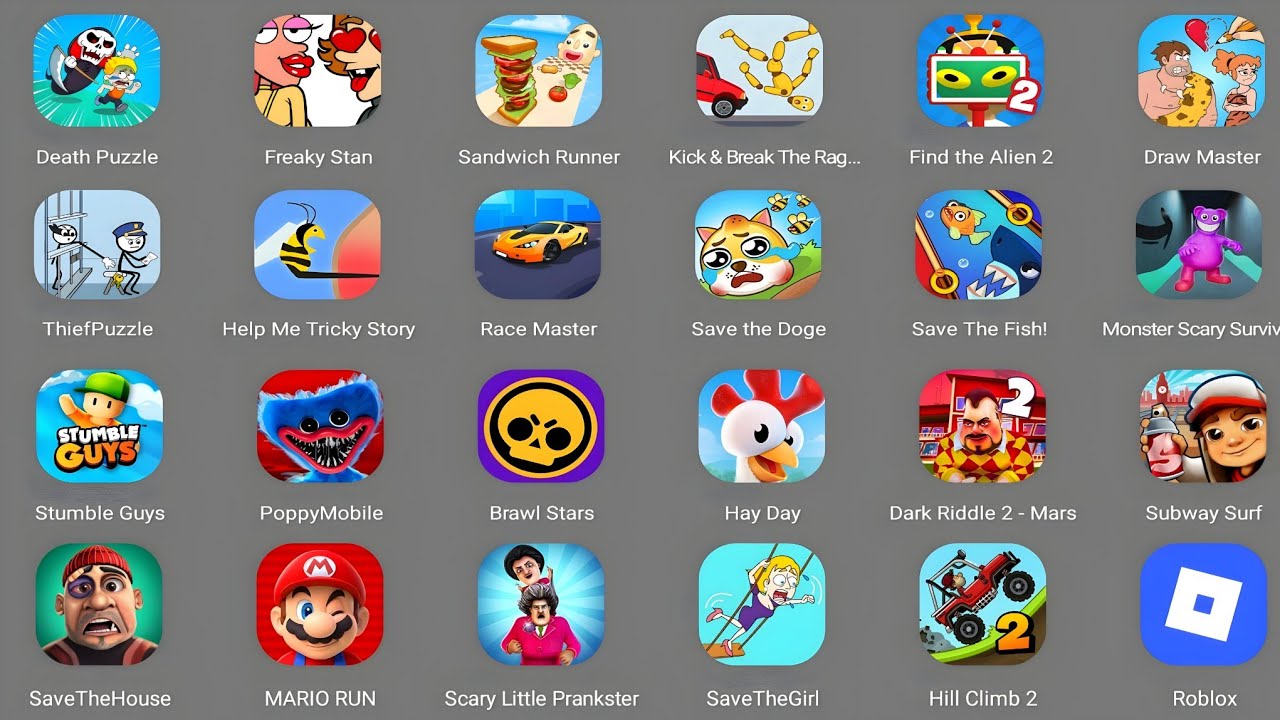 Roblox,Sprunki survival,Race Master,Barwal Star,Kich And Break,Hcr 2,Hay Day,Stumble Guys 