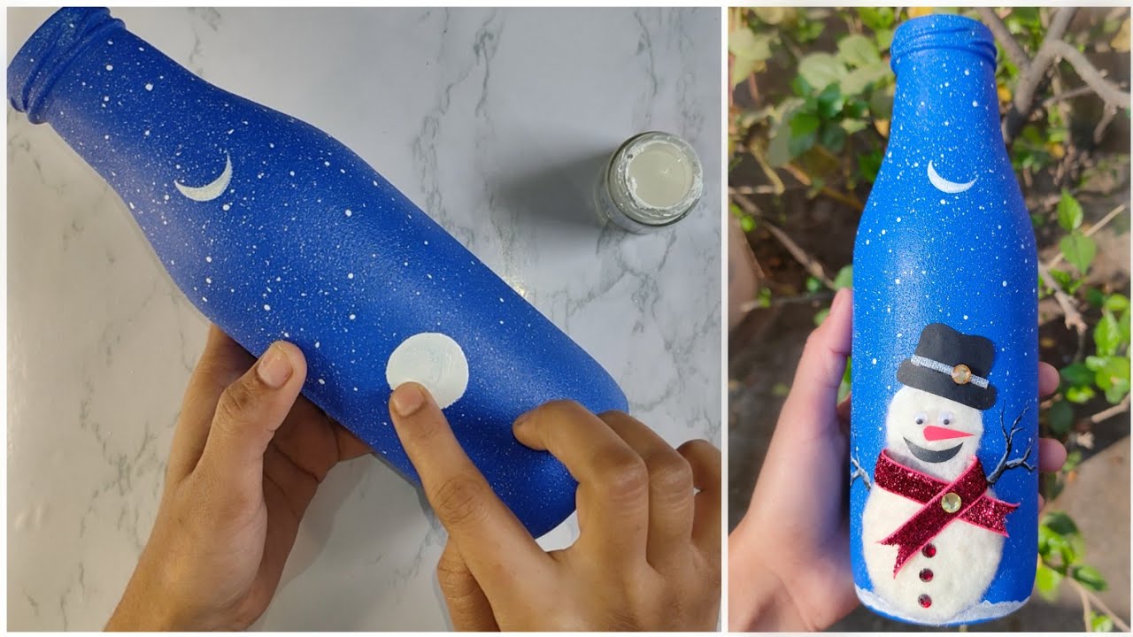 Easy Glass Bottle painting. SNOWMAN ⛄ Glass bottel decoration idea. Easy glass bottle decoration.