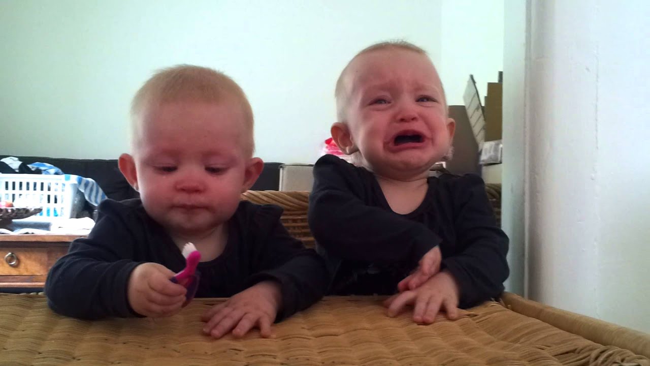 Twins fighting over a toothbrush