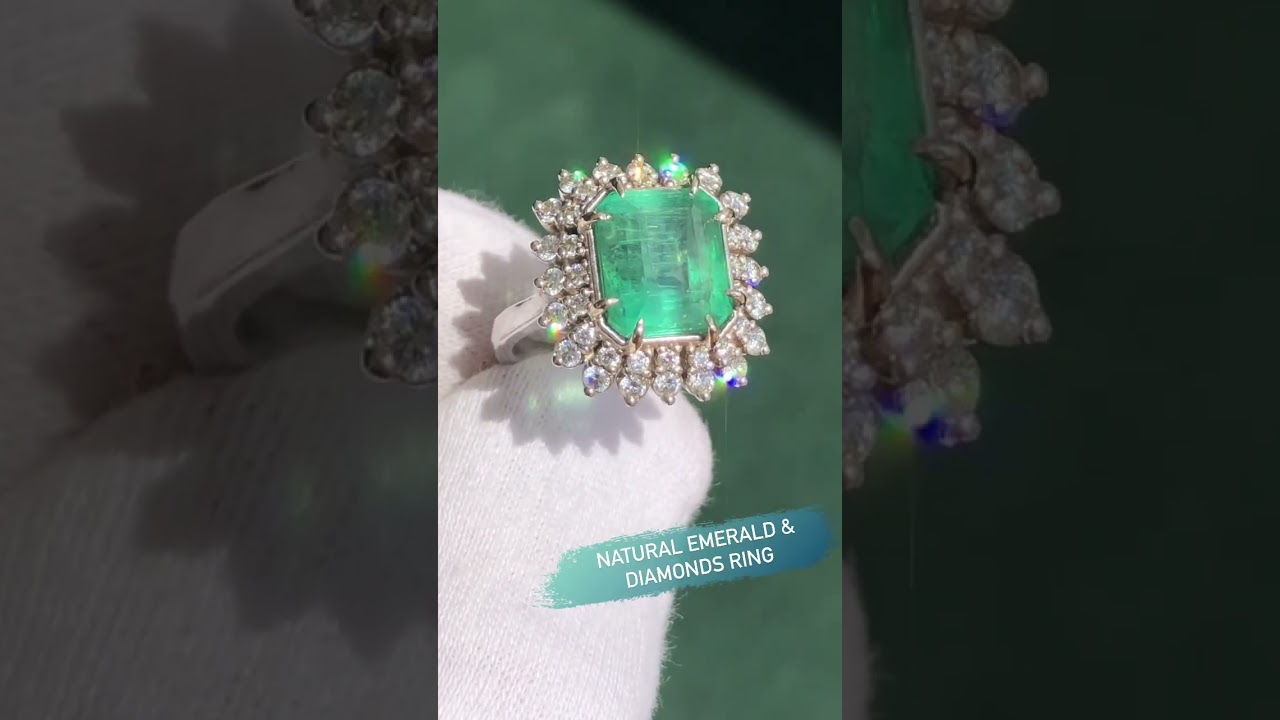 Natural emerald and diamonds ring 💎 GIA certified, 14k white gold, 