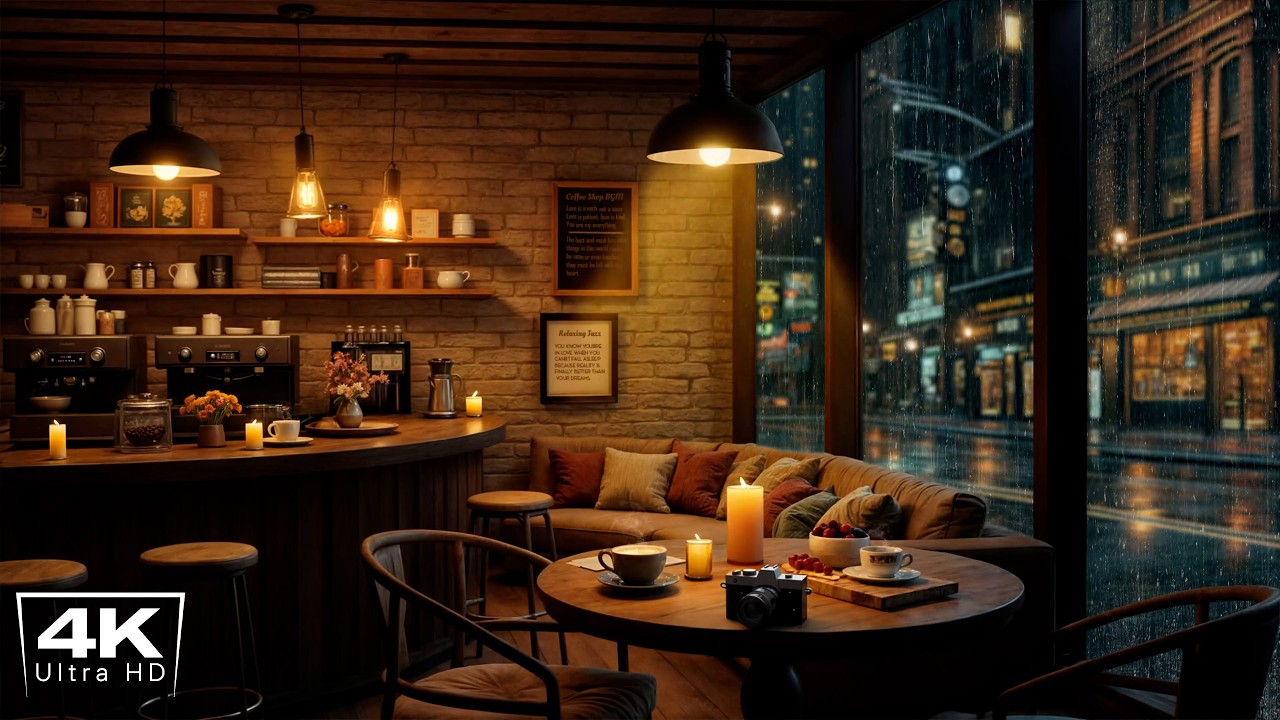 Cozy Coffee Shop 4K Ambience 🌧 Calm Piano Jazz Music & Soothing Rain Sounds for Work, Relax