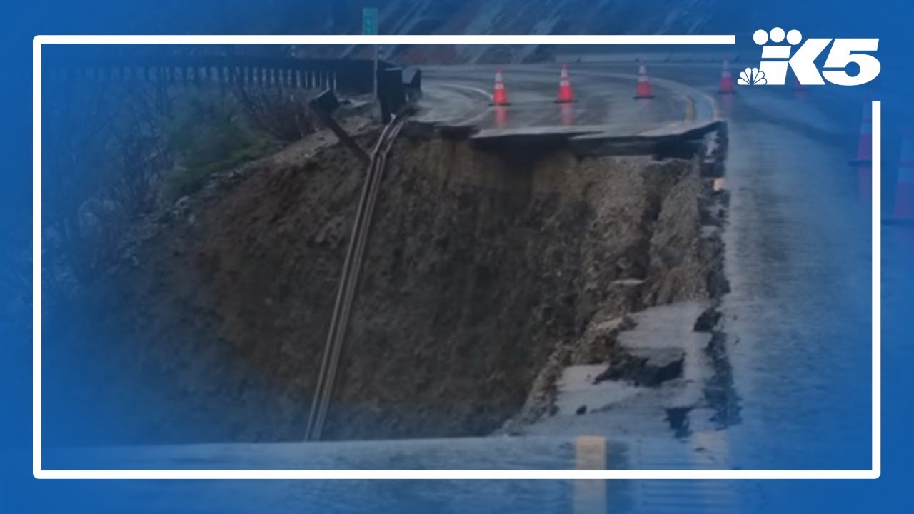 Large chunk of Highway 2 washes into the Wenatchee River