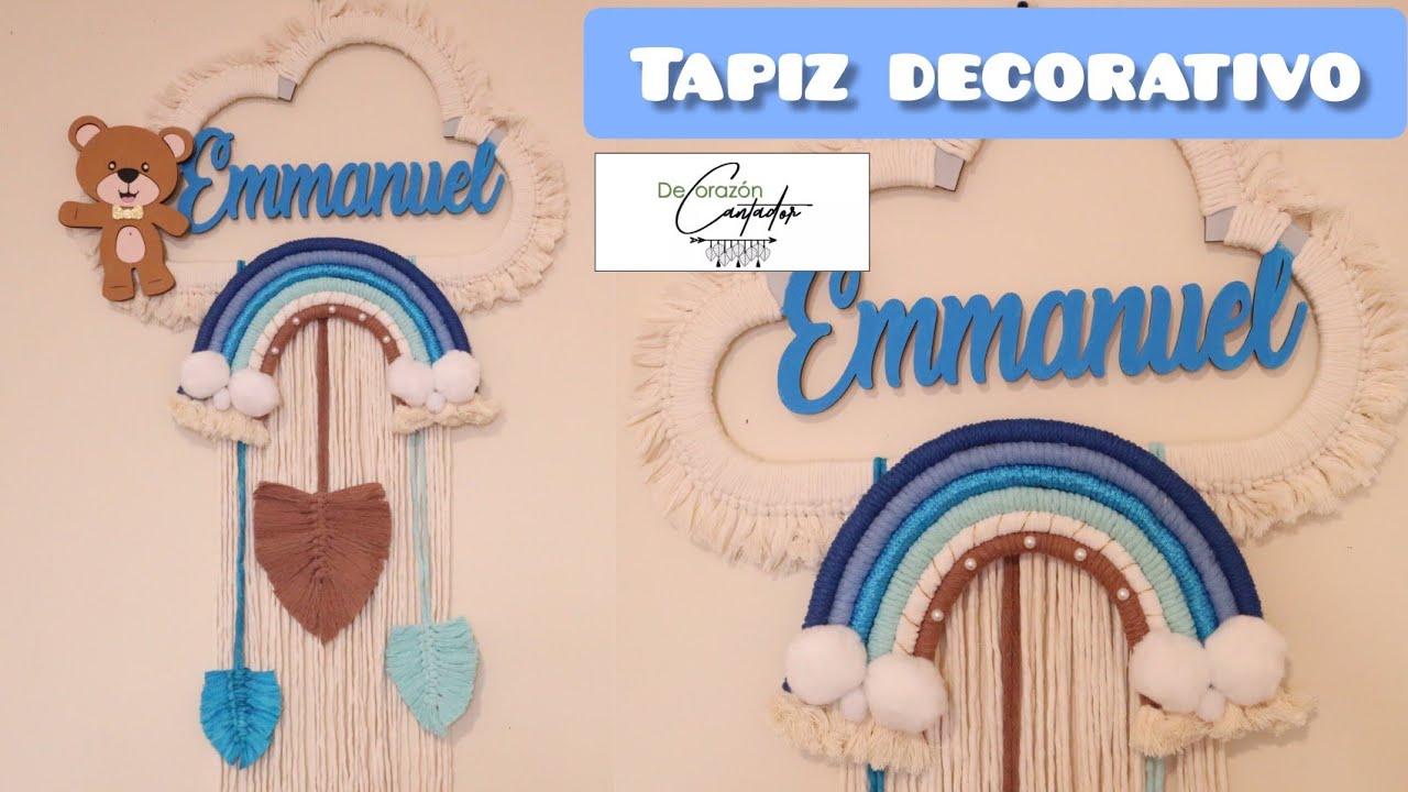 Tapiz de nube, arcoiris y hojas tejido a macramé para bebé/Macrame wall hanging for babies room