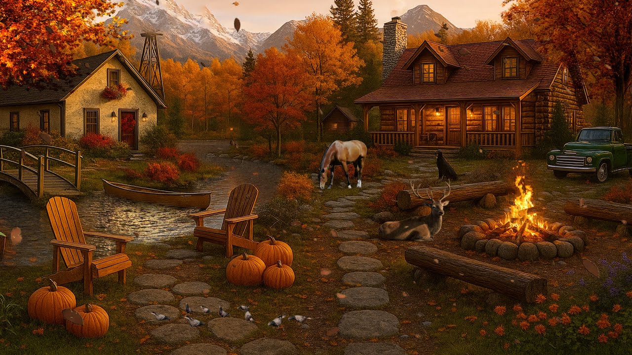 🍂 Cozy Autumn Farm by the Stream | Crackling Campfire, Pickup Truck & Peaceful Fall Ambience 🚜🔥