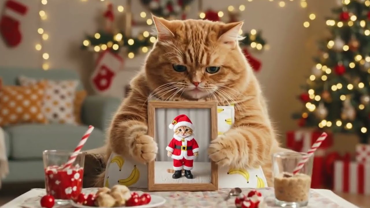 Рыжий котенок празднует Рождество со своей мамой – очаровательные моменты