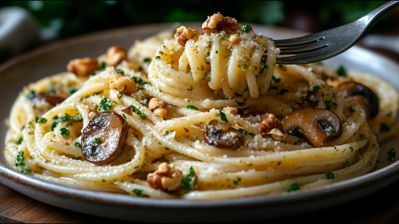 Vegane Pasta mit Walnuss-Pesto und Pilzen &ndash; cremig, gesund & einfach in 25 Minuten