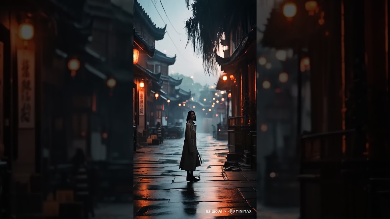 《雨中轻盈：古街的旋律》 #美女#古街#典雅