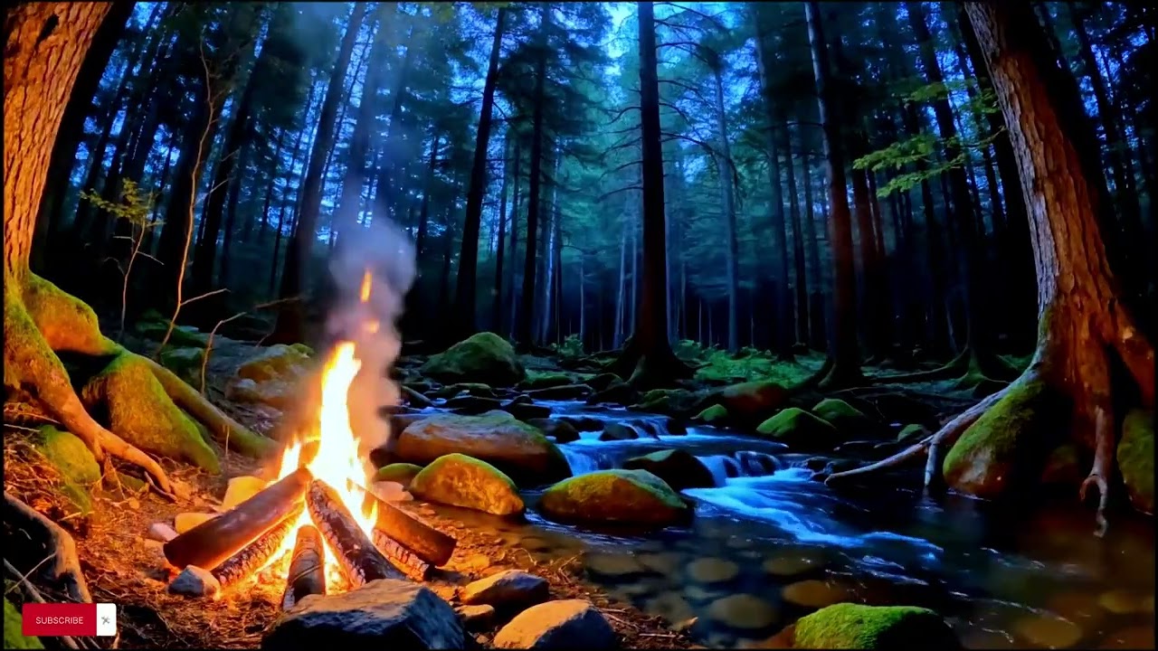Burning Fireplace in a Cave 🔥 River Sounds & Moonlight | ASMR Night