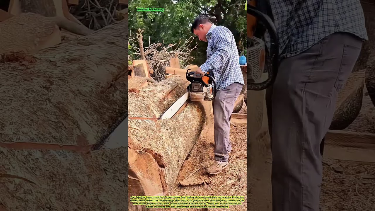 Erste Verarbeitung von Holz: Markieren und Zers&auml;gen eines gro&szlig;en Laubholzstamms