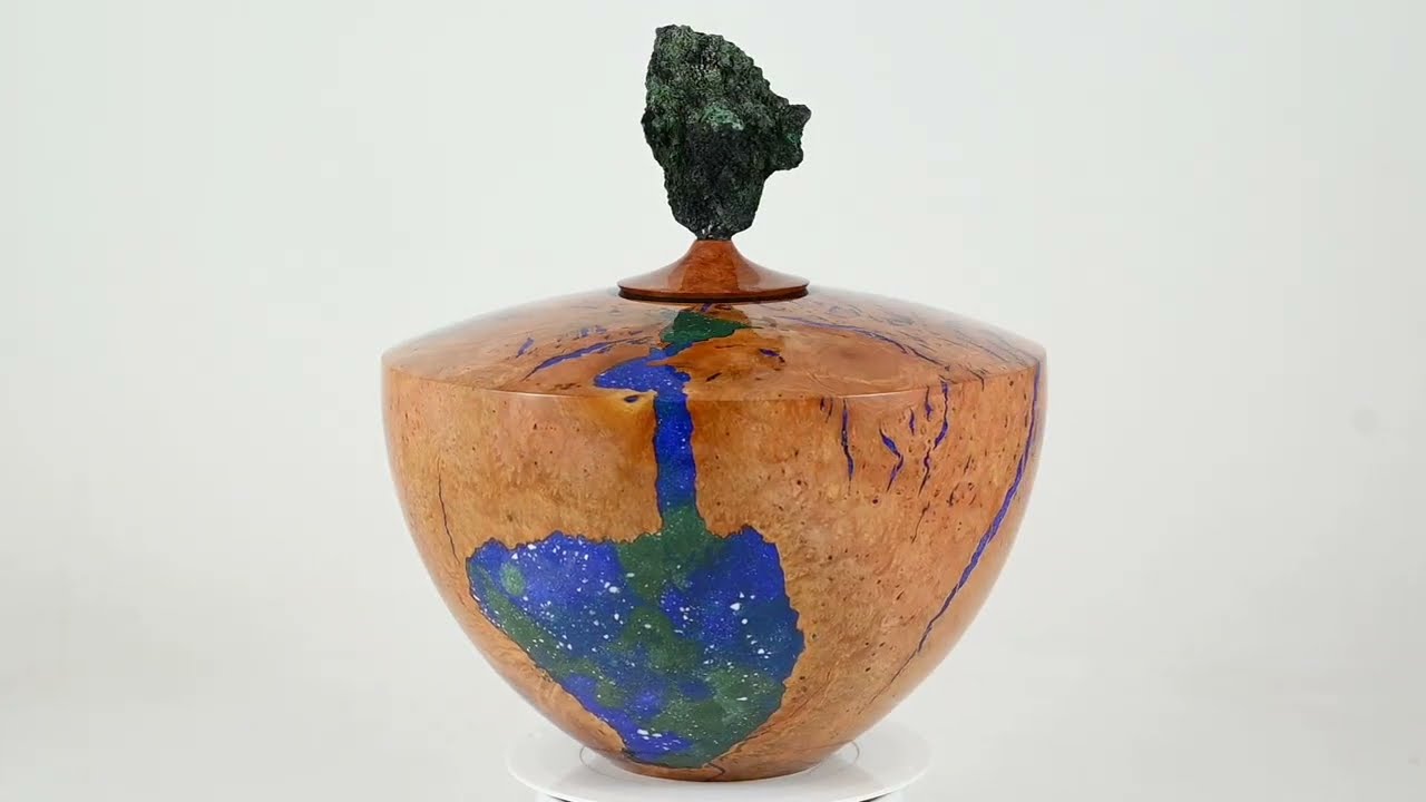 Large handmade wooden urn of Briar burl with blue and green minerals and Malachite/Azurite on top