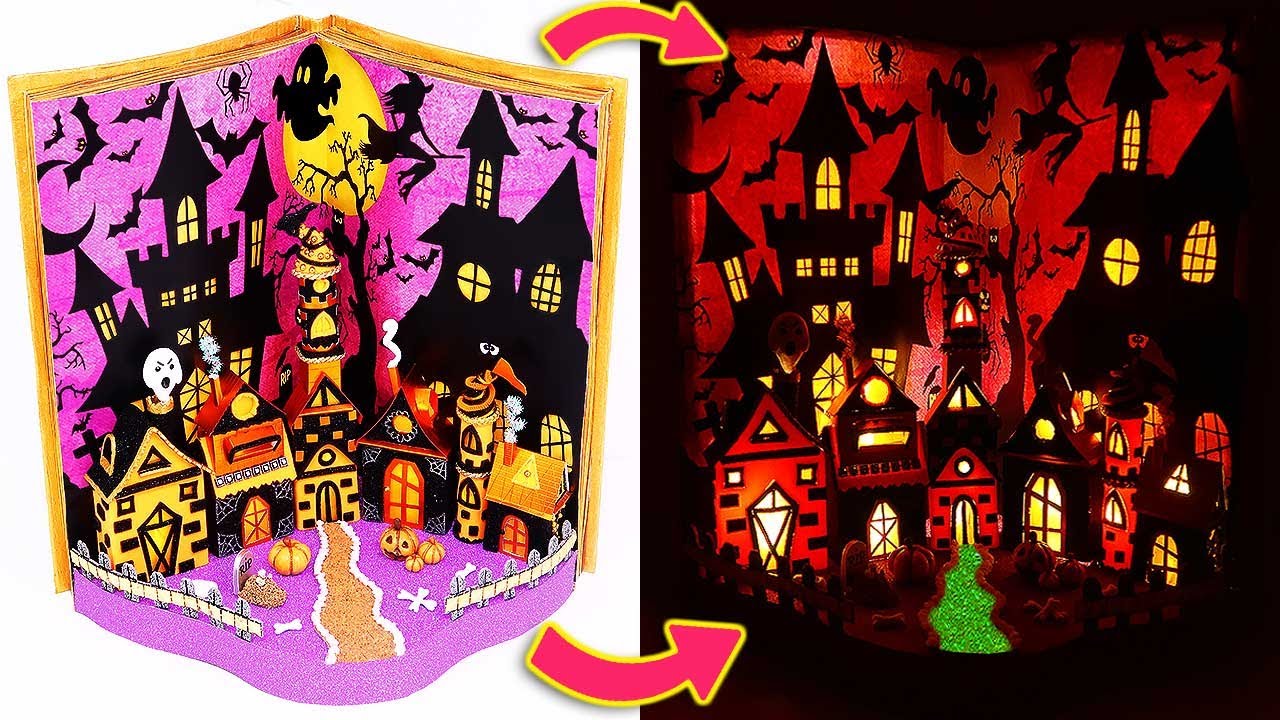 ¡Haz un libro MÁGICO de HALLOWEEN que se ilumina y dentro tiene un pueblo en miniatura