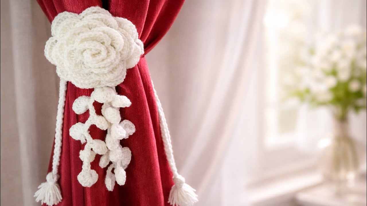 Elegant Handmade Crochet Curtain Tieback /Curtain holder 🌹tutorial ,Luxury Home Decor Accent👌🏻