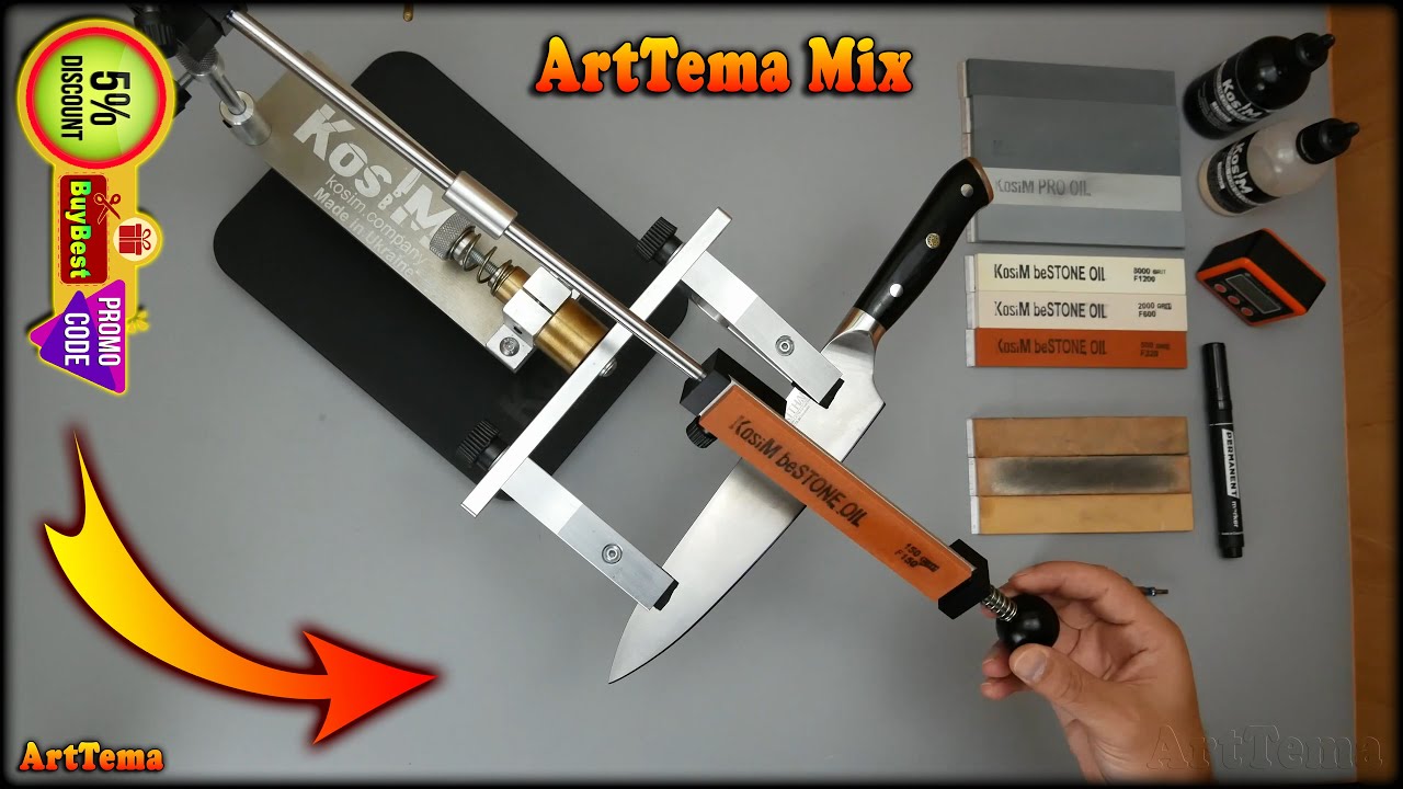 KosiM - how to sharpen a knife with an oil whetstone using a KosiM sharpener to razor sharpness.