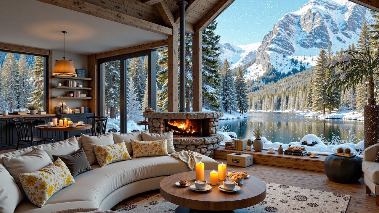 Cozy Fireplace Jazz in a Snowy Lakeside Cabin ❄️ Calm Jazz for Reading & Peaceful Moments