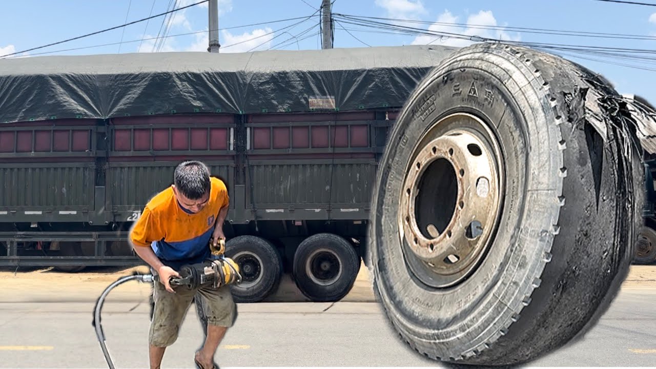 Replace the spare tire of the container truck that exploded