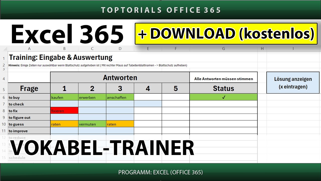 Vokabeltrainer bauen: Mehrere richtige Antworten + Ampel-Farben | Excel 365