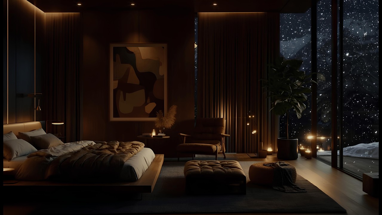 🔴Sleep Music Live – Deep Sleep in Modern Mountain Bedroom Winter Night Ambience