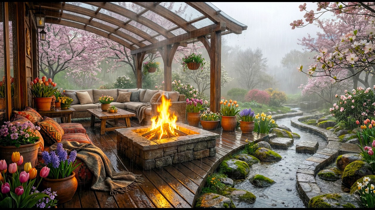 Cozy Veranda Campfire with Soft Rain 🌧️ 4K NO ADS | Relaxing Sleep Atmosphere 🔥 💤