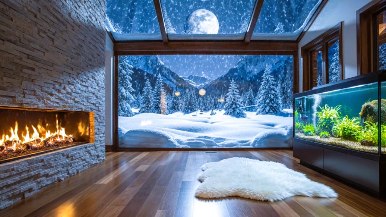 Luxury Winter Mansion Ambience ❄️ Fireplace, Moonlight & Snowfall | A Snowy Night in the Mountains