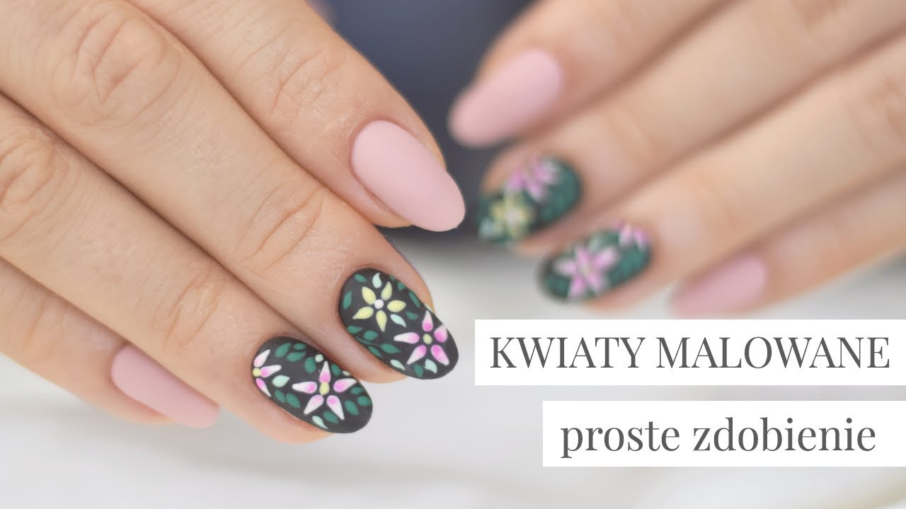 Kwiaty Malowane | Prosty, Beżowo - Czarny Manicure Hybrydowy