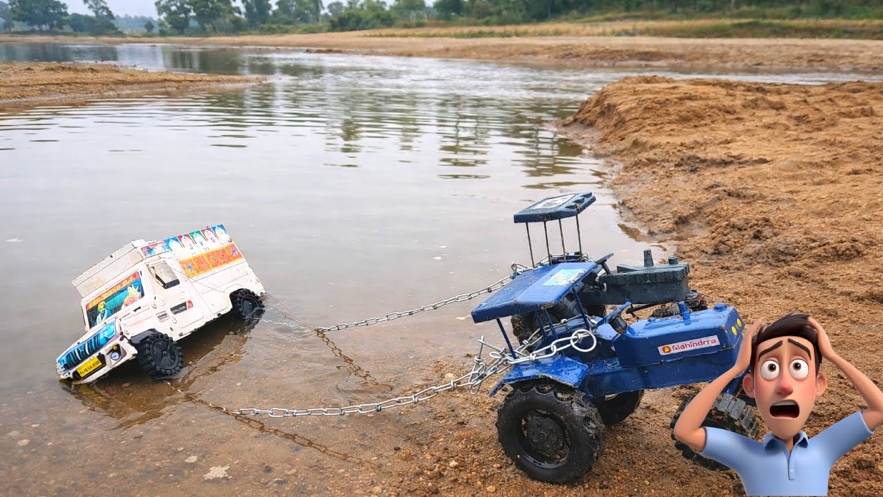 Jeep Stuck in Water 😲 Rc Jeep Rescue in Muddy River From Mahindra Tractor🔥#toypur 