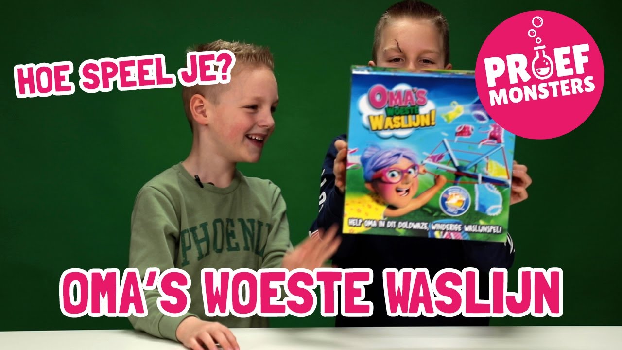 Proefmonsters spelen het spel Oma's Woeste Waslijn